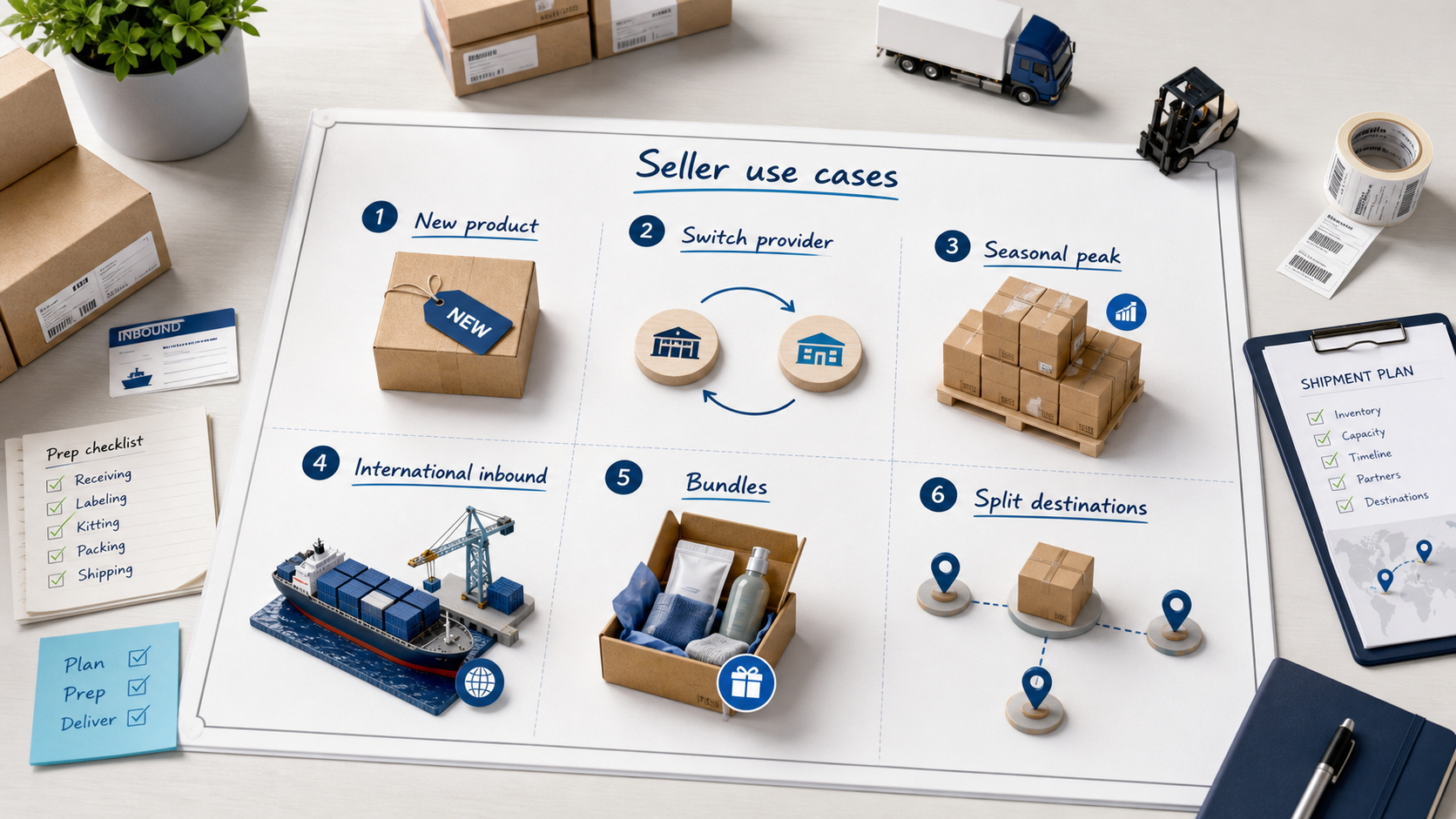 Six common seller use cases: launching a new product, switching prep centers, handling seasonal volume, receiving international shipments, preparing bundles, and splitting inventory by destination.