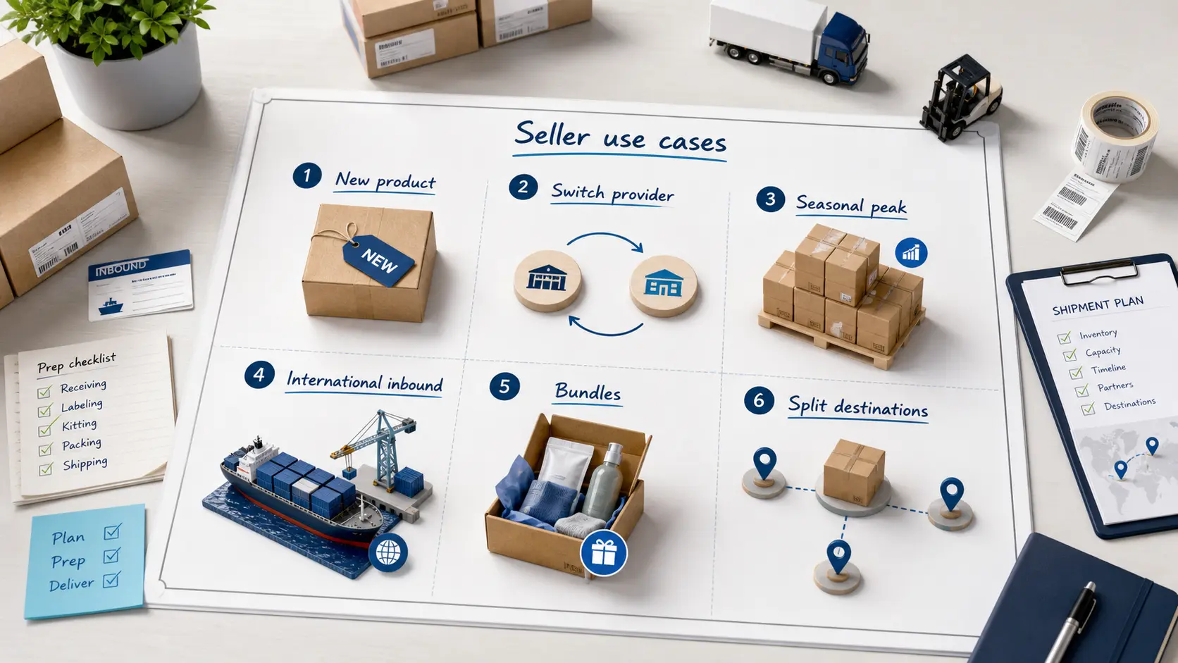 Six common seller use cases: launching a new product, switching prep centers, handling seasonal volume, receiving international shipments, preparing bundles, and splitting inventory by destination.