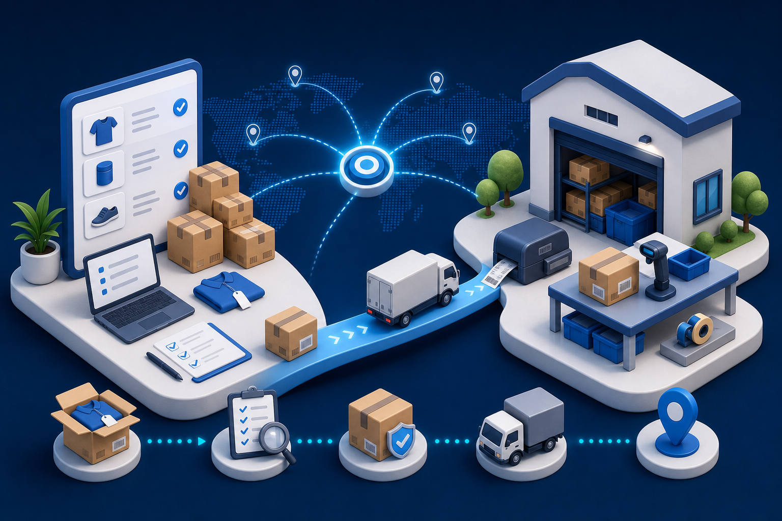 A seller's shipment travels from their workspace to a matched US prep center, describe, match, receive, and prep.